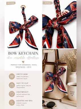 Boho Bow Keychain Scarf Ribbon Chic Bag Charm Wristlet Navy Red Gold